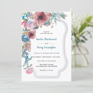 Teal Blue & Pink Watercolor Floral Wedding Invitation