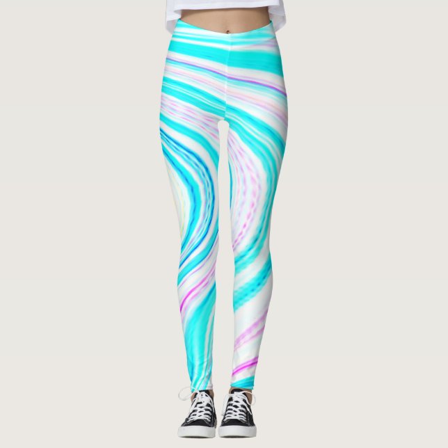 Teal Blue Pink Waves Abstract Modern Art Cute Leggings (Front)