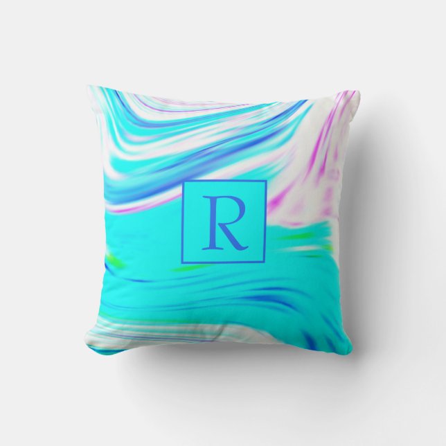 Teal Blue Pink White Abstract Waves Monogram Cute Cushion (Front)