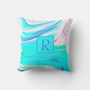 Teal Blue Pink White Abstract Waves Monogram Cute Cushion