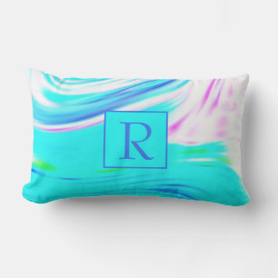 Teal Blue Pink White Abstract Waves Monogram Cute Lumbar Cushion