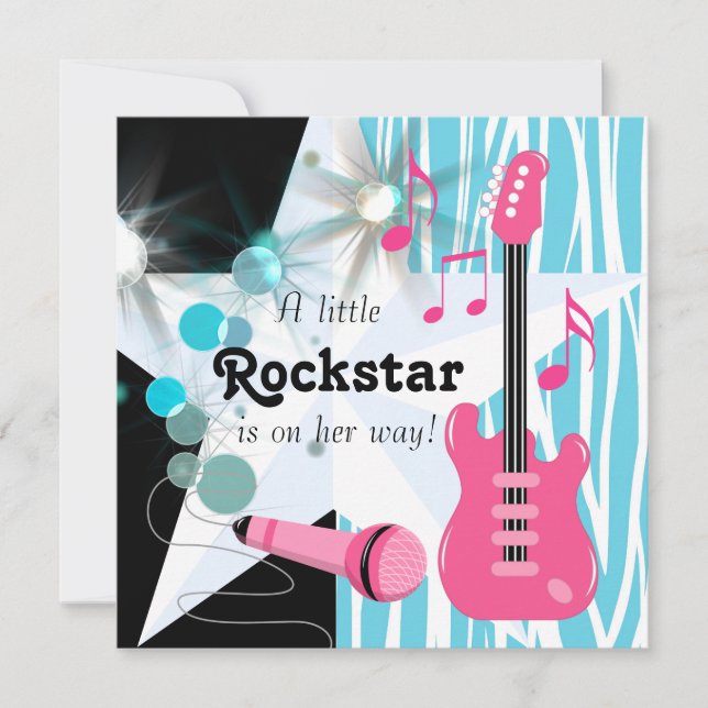 Teal Blue Pink Zebra Rockstar Baby Girl Shower Invitation (Front)