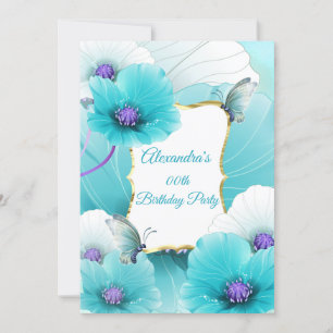 Teal Blue Poppies Flower Birthday Party invite