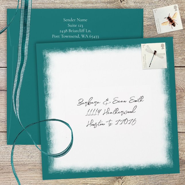 Teal Blue Pre-addressed Wedding Invitation Envelope (coastal teal blue turquoise square invitation envelope with address printed on back flap)