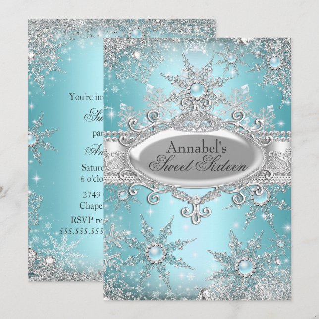 Teal Blue Princess Winter Wonderland Sweet 16 Invitation (Front/Back)