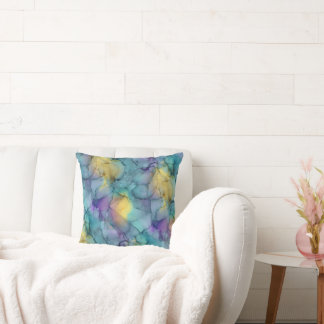 Teal Blue Purple and Soft Yellow Watercolor Marble Cushion