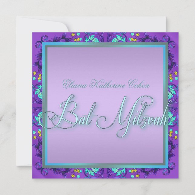 Teal Blue Purple Bat Mitzvah Invitations (Front)