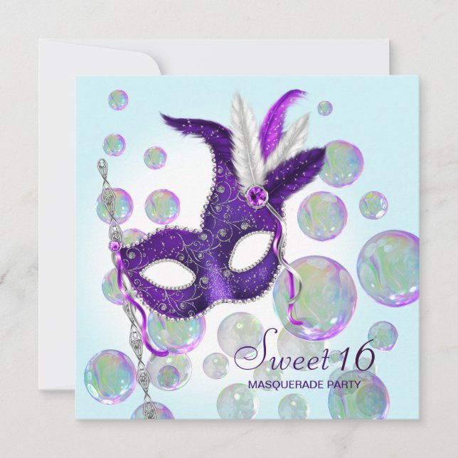 Teal Blue Purple Bubbles Sweet Sixteen Masquerade Invitation (Front)