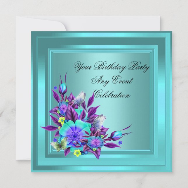 Teal Blue Purple Floral Elegant Party Invitation (Front)