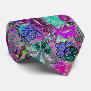 TEAL BLUE PURPLE FLOWERS ,GEMSTONES Floral Pattern Tie