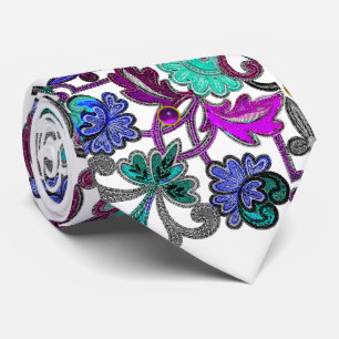 TEAL BLUE PURPLE FLOWERS ,GEMSTONES White Floral Tie