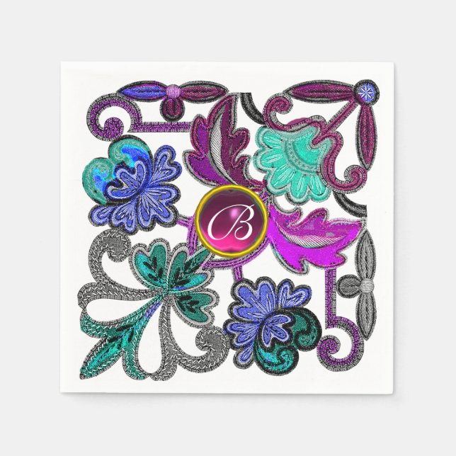 TEAL BLUE PURPLE LACE FLOWER COLORFUL GEM MONOGRAM NAPKIN (Front)