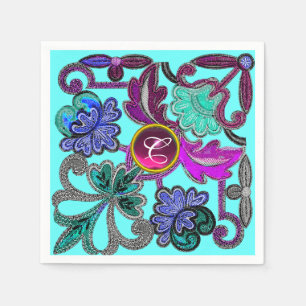 TEAL BLUE PURPLE LACE FLOWER COLORFUL GEM MONOGRAM NAPKIN