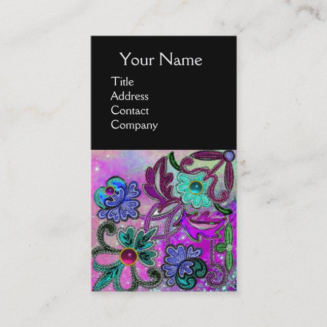 TEAL BLUE PURPLE LACE FLOWERS GEMSTONES Black Business Card (Front)