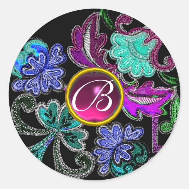 TEAL BLUE PURPLE LACE FLOWERS GEMSTONES Black Classic Round Sticker (Front)