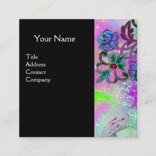 TEAL BLUE PURPLE LACE FLOWERS GEMSTONES Black Square Business Card