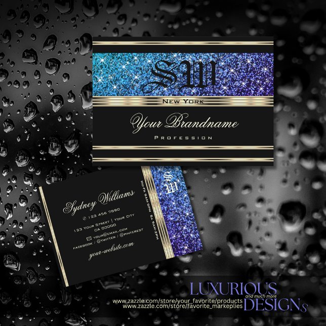 Teal Blue Purple Ombre Glitter Monogram Gold Black Business Card (Creator Uploaded)