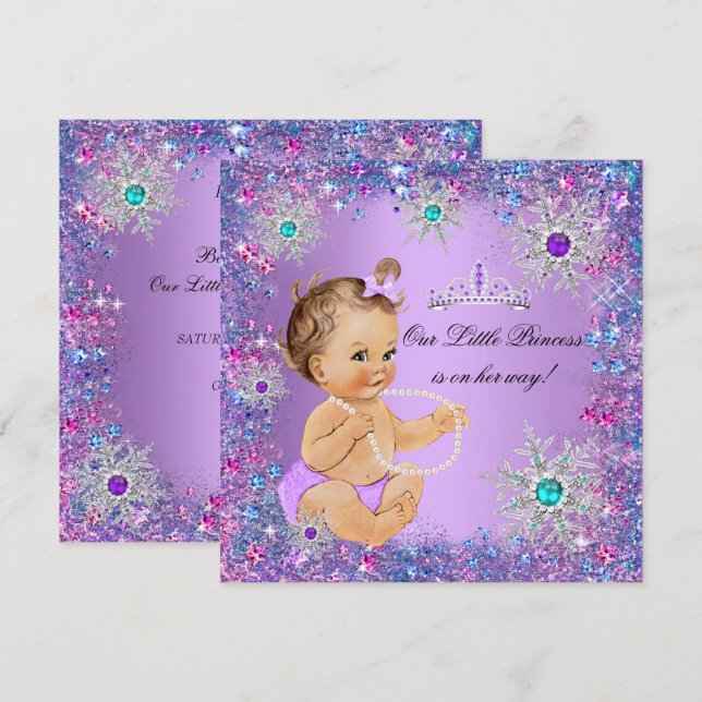 Teal Blue Purple Pink Princess Baby Shower Brown Invitation (Front/Back)