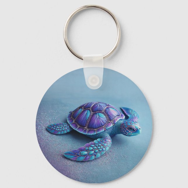 Teal Blue Purple Turtle Colorful Sea Turtle Key Ring (Front)