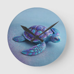 Teal Blue Purple Turtle Colorful Sea Turtle Round Clock
