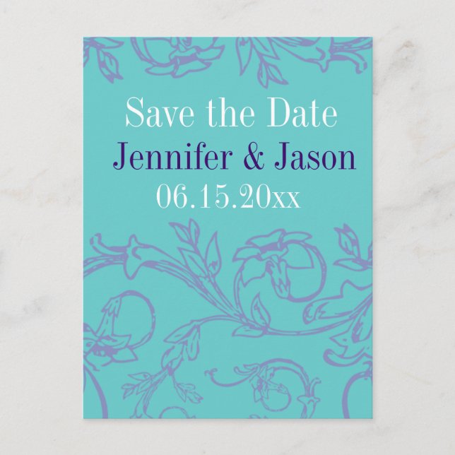 Teal Blue Purple Vintage Save the Date Postcards (Front)