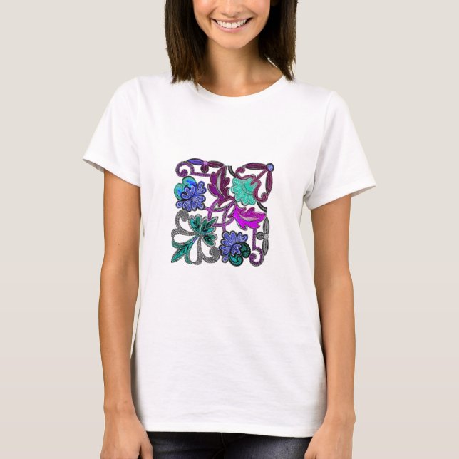 TEAL BLUE PURPLE WHITE LACE FLOWER T-Shirt (Front)