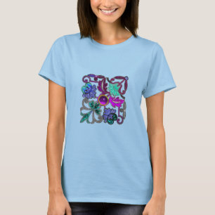 TEAL BLUE PURPLE WHITE LACE FLOWERS AND GEMSTONE T-Shirt