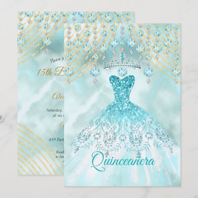 Teal Blue Quinceanera 15th Birthday Party Invitation (Front/Back)