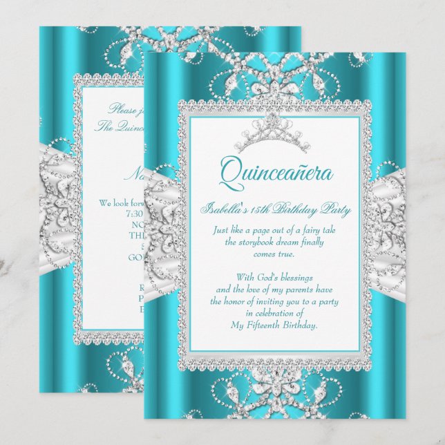 Teal Blue Quinceanera 15th Birthday Party Tiara Invitation (Front/Back)
