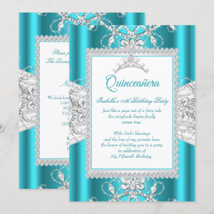 Teal Blue Quinceanera 15th Birthday Party Tiara Invitation