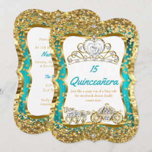 Teal Blue Quinceanera Magical Tiara Gold 2 Invitation