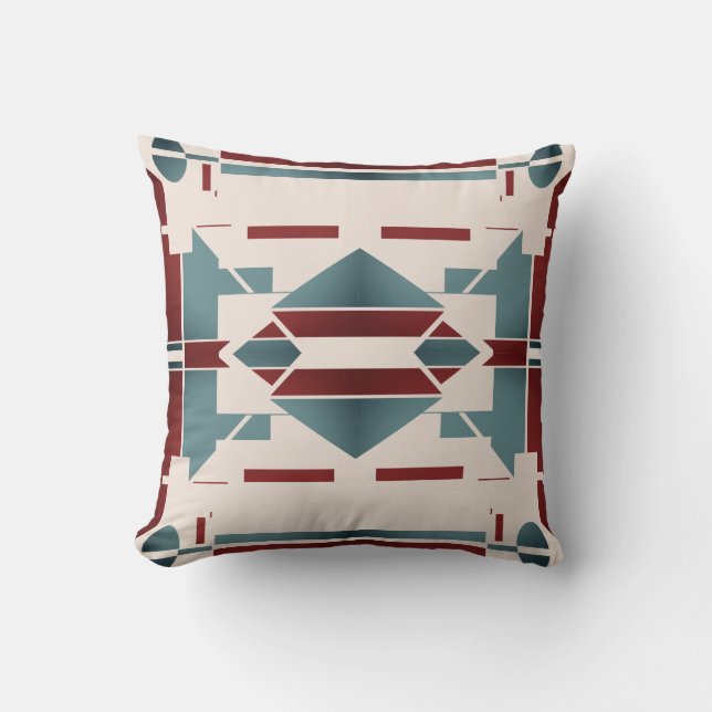 Teal Blue Red Beige Southwest Look Tribal Motif Cushion (Front)