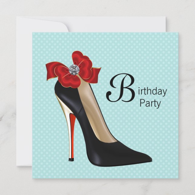 Teal Blue Red Black High Heel Shoe Birthday Party Invitation (Front)