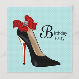 Teal Blue Red Black High Heel Shoe Birthday Party Invitation