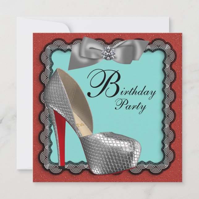 Teal Blue Red Black & Silver High Heel Shoe Birthd Invitation (Front)