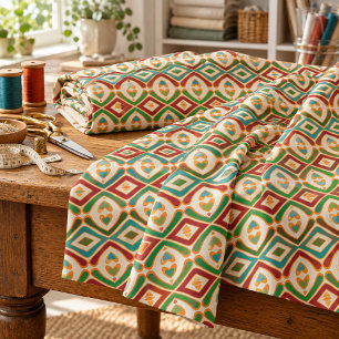 Teal Blue Red Orange Green Tribal Art Pattern Fabric