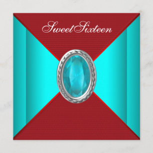 Teal Blue Red Sweet sixteen Birthday Party Invitation