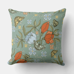 Teal Blue Red Tulips Yellow Butterflies Cushion
