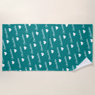 Teal Blue Repeating Name Script Heart Beach Towel