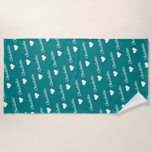 Teal Blue Repeating Name Script Heart Beach Towel (Front)