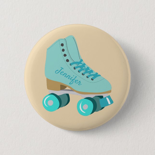 Teal Blue Retro Quad Roller Skate Personalised 6 Cm Round Badge (Front)
