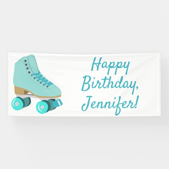 Teal Blue Retro Quad Roller Skate Personalised Banner (Horizontal)
