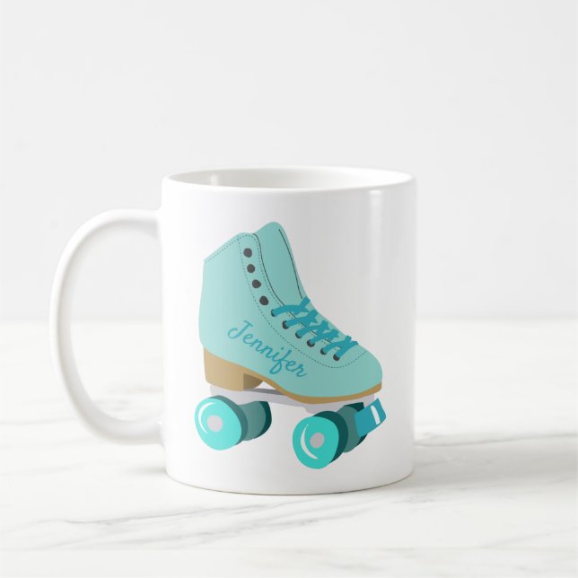 Teal Blue Retro Quad Roller Skate Personalised Coffee Mug (Left)