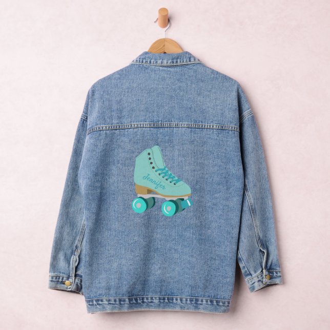 Teal Blue Retro Quad Roller Skate Personalised Denim Jacket (Hangar)