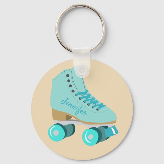 Teal Blue Retro Quad Roller Skate Personalised Key Ring (Front)