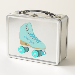 Teal Blue Retro Quad Roller Skate Personalised Metal Lunch Box