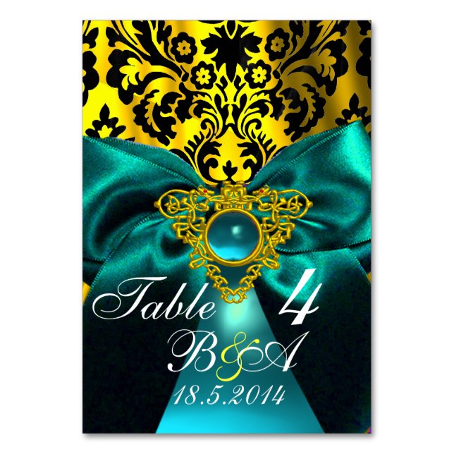 TEAL BLUE RIBBON GOLD CELTIC HEART DAMASK MONOGRAM TABLE NUMBER (Front)