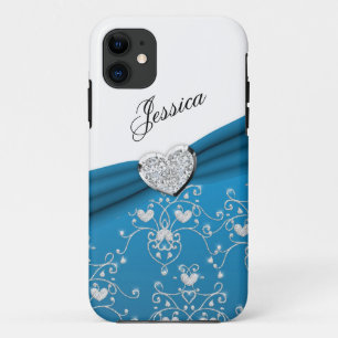Teal Blue Ribbon Heart Damask iPhone 5 Case