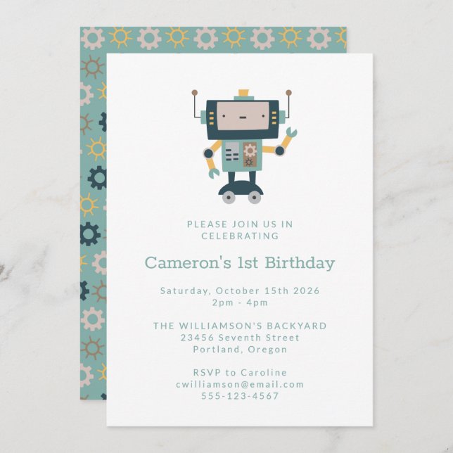 Teal Blue Robot Gears Simple 1st Birthday Invitation (Front/Back)