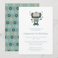 Teal Blue Robot Gears Simple 1st Birthday